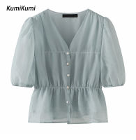 แฟชั่นแขนสั้น KUMI เสื้อยืดคอวีสีทึบระบายอากาศสำหรับผู้หญิง