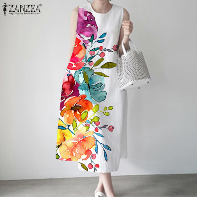 (จัดส่งฟรี)Fancystyle ZANZEA ชุดเดรสลำลองแขนกุดชุดคอตัว O พิมพ์ลายดอกไม้เรียบง่ายสไตล์เกาหลี #11