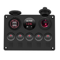 Boat Switch Panel Car Switch Panel Waterproof Digital Voltmeter Dual USB Port 12V Outlet Combination Marine LED Rocker 5 Gang