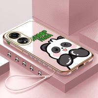 Casing Ponsel เคสสำหรับ OPPO A78 4G A78 4G ฟรีสายคล้อง Infinix Note 30 VIP + เคสขอบสี่เหลี่ยมแพนด้าการ์ตูนน่ารักชุบเคสโทรศัพท์เด็กหญิงเด็กชายเคลือบหรูหราเคลือบเคสโทรศัพท์นิ่ม