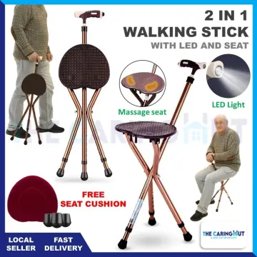 Folding Walking Stick Tripod Stool Adjustable Height Seat Stick