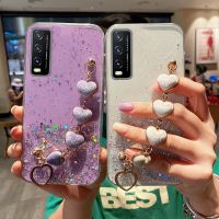 Luxury Love Heart Plush Bracelet Phone Case For vivo Y20 Y11 Y11S Y12S Y17 Y21 Y30 Y50 Y33S Y73 V23 S1 Wrist Chain Silicon Cover