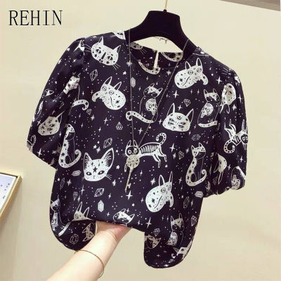 REHIN เสื้อชีฟองแขนสั้นคอกลมผู้หญิง,เสื้อพิมพ์ลายแมวการ์ตูนน่ารักและน่ารักใหม่ฤดูร้อน