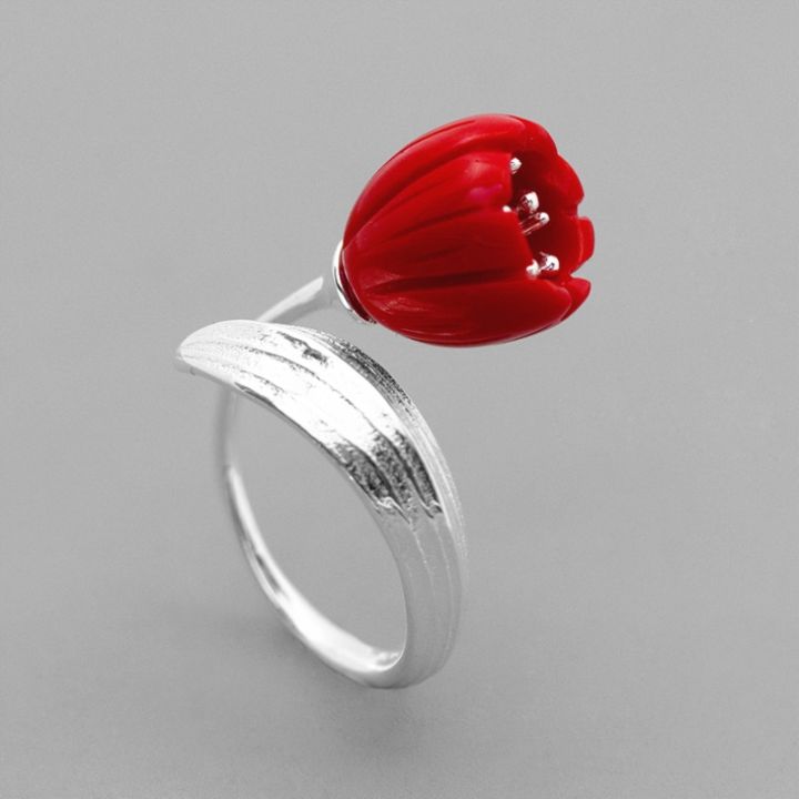 INATURE 925 Sterling Silver Red Coral Lily of the Valley Flower Wedding Band Ring