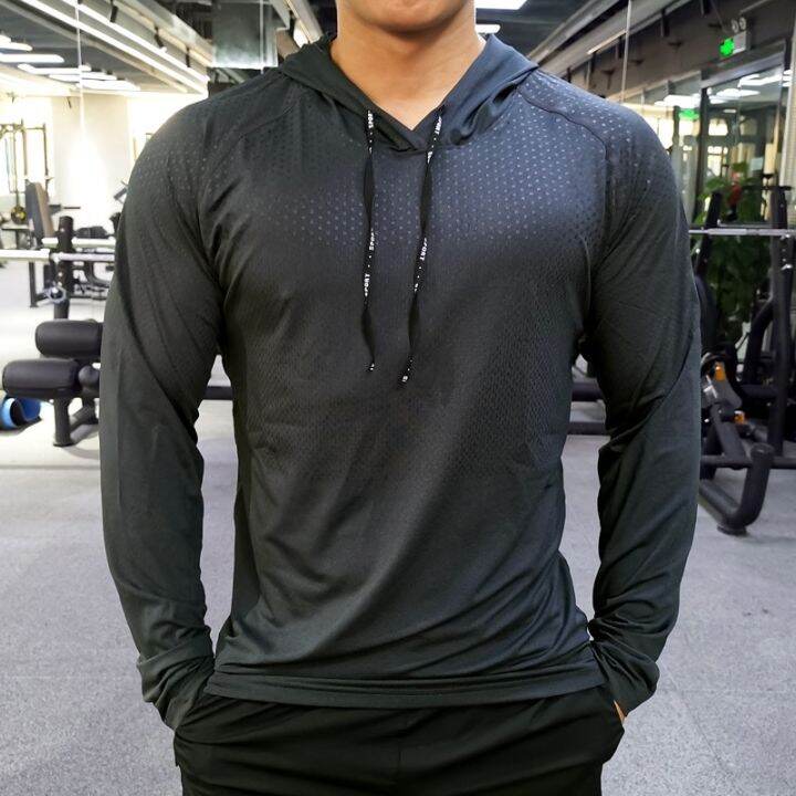 Men's Running Shirt Long Sleeve Workout Shirts with Hoods Sweatshirt