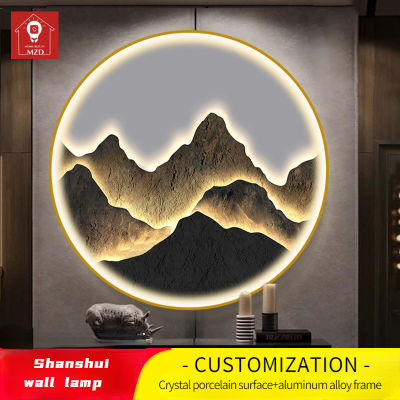 Mzao Jinshan จิตรกรรมตกแต่งโคมไฟติดผนังสไตล์จีน,ใหม่ไฟ LED พร้อมโคมไฟเปล่งแสงกลมโต๊ะน้ำชาแขวนโคมไฟภาพวาดกำแพงสไตล์จีน
