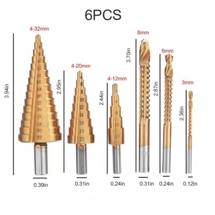 6pcs-หัวสว่านบิตชุดผสมเจดีย์หัวเจาะบิตไทเทเนียมเจาะ