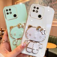 Folding Makeup Mirror Phone Case For Redmi 10C 9C 10A Redmi 10 Power Xiaomi POCO C40  Case Fashion Cartoon Cute Cat Multifunctional Bracket Plating TPU Soft Cover Casing