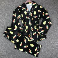 Avocado Pajamas Set 2 Pieces Satin Sleepwear Women Home Suit Long Sleeve Nightgown Ladies Pyjamas Sexy Pijamas Femme Autumn