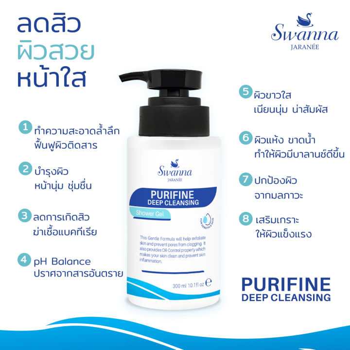 สบู่เหลวอาบน้ำลดสิว-swanna-jaranee-purifine-deep-acne-cleansing-shower-gel-ลดสิว-ลดรอยแดง-สําหรับคนเป็นสิวและแพ้ง่าย