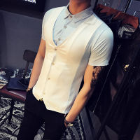 Mens Plus Size 5XL-S Summer Fake-2Pieces Casual Short Sleeve Shirts Mens 2022 Casual Slim Business Dress Shirts Chemise Homme