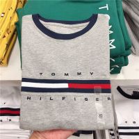 Tommy เสื้อยืดแขนสั้นสำหรับผู้ชาย,เสื้อยืดคอกลมสีขาวลำลองโลโก้ฤดูร้อน