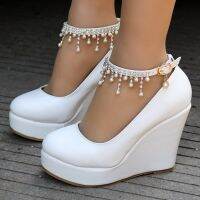 Women Ankle Strap Platform Wedge Shoes, High Heel Female Footwear Single shoes women pearl beaded tassel shoes plus size