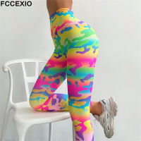 FCCEXIO พรางเสือดาวพิมพ์เอวสูง Leggins ออกกำลังกายเซ็กซี่ Leggings ถุงน่องวิ่งออกกำลังกายกางเกง Push Up ยิม Leggings...