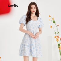 Lovito เดรสลำลองลายดอกไม้ แจควาร์ด เเขนพอง สำหรับสตรี L51ED128 (สีน้ำเงิน)