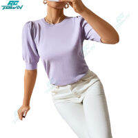 สีทึบโพลีเอสเตอร์คอกลมไนลอน30% วิสคอส50% เสื้อกันหนาวแบบถัก20% แบบถักมีจีบแขนสั้นแบบยุโรปและอเมริกา