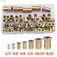 ►♠✱ Rivet Nut 75Pcs /Set 1/2 3/8 5/16 1/4 10/24 8/32 Carbon Steel Zinc Plated Rivet Nuts Flat Head Riveting Tool Home Improvement