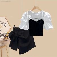 Summer suit women 2023 new large-size womens clothing foreign style thin fake two-piece top casual skirt set