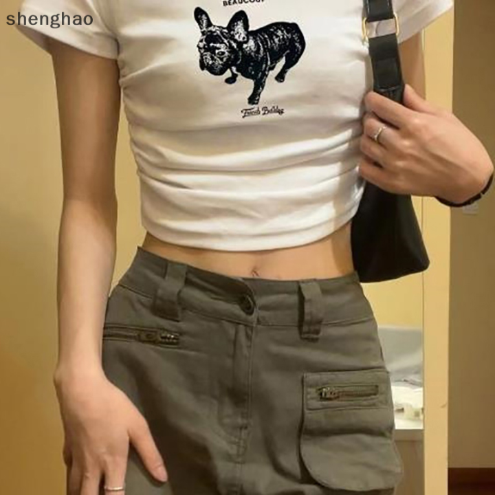 shenghao-เสื้อยืดแขนสั้นพิมพ์ลายการ์ตูนสุนัขฤดูร้อนย้อนยุคอเมริกันเสื้อครอปคอกลมสำหรับผู้หญิง