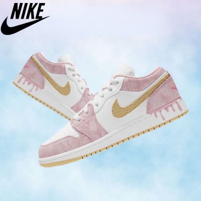 [HOT] ✅Original NK* Ar J0dn 1 Summer New Dream- Girl Campus Youth Sneakers Low Top White Pink Ice Cream Gold Hook Basketball Shoes