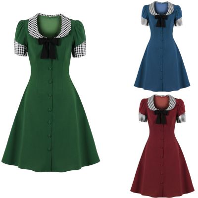 HOT11★Women Vintage Bowtie Solid Dress Retro Rockabilly 2022 Elegant tail Party 1950s 40s Swing Dress Summer Dress Short Sleeves