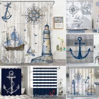 【hot】☊♧  Sailboat Shower Curtain Compass Lighthouse on Barn Door Pirate Fabric with Hooks