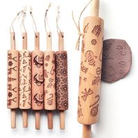 Wood Christmas Printing Rolling Pin Wooden Carvings Embossing Elk Snowflake Christmas Tree Snowman Rolling Pin Cookies Crafts Bread  Cake Cookie Acces