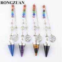 ZZOOI 4Pcs/Lot Stone Cone Pendulums Crystal 3D Buddha 7 Chakras Chain Reiki Pendulum For Dowsing Pendule Radiestesia Pendulo TBN452