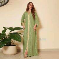 ；【‘；- Dubai Crinkled Crepe Fabric Casual Modest Jalabiya Kaftan Dress Print Hot Stamping Women Arab Moroccan Caftan Party Dresses