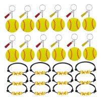 12 Pcs Softball Acrylic Keychains and 12 Pcs Softball Bracelets Hand Woven Party Decorations for Sportsmen Team School Souvenir Party