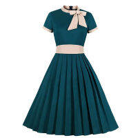 Elegant จีบปาร์ตี้ Midi ชุด50S ผู้หญิงผ้าฝ้าย Vintage สูงเอวกระเป๋า Swing ชุด Bow Tie คอ Robe Sundress