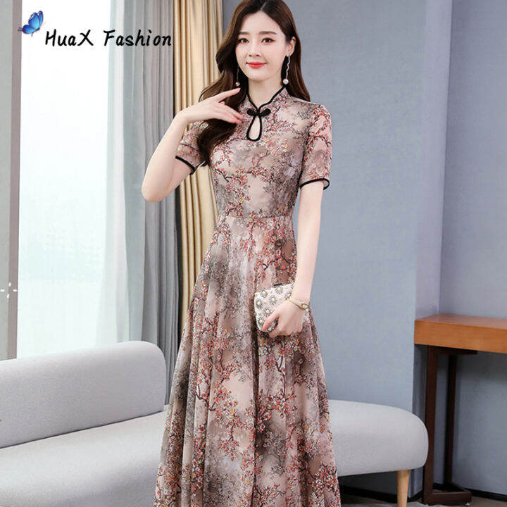 huax-เสื้อผ้ากุลสตรีรูปแบบดอกไม้กลางความยาวสั้น-ชุดกีเพ่าแขนสั้นชุดสี-สีเขียวขนาด-m
