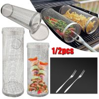 1/2PCS BBQ Basket Gate Stainless Steel Wire Mesh Cylindrical Barbecue Grill Basket with Non-stick Mat Reusable BBQ Net Tube