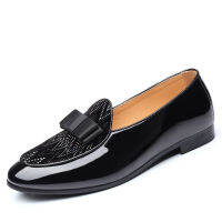 Large Size 38-48 Classic Men Patent Leather Shoes Black Bow Tie Dress Shoes Luxury Rhinestone Men Loafers Casual Shoes H395