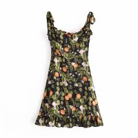 Retro Black Leaves Orange Print Women Dress Bodycon Tie Bow Strap Sleeveless Mini Dress Sexy Beach Women Dress Holiday Robe