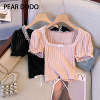 PEAR DODO คอสี่เหลี่ยมสไตล์เกาหลีลูกไม้แขนสั้น Atasan Bahan Rajut สั้นสำหรับผู้หญิง