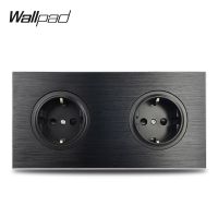 【New】 Wallpad L6โลหะสีดำคู่ EU Schuko ผนังปลั๊กไฟฟ้าซาตินกรอบอลูมิเนียมแผ่นคู่172X86มม.