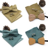 Wood Bowtie Velvet Handkerchief cufflinks Set Men Wedding Grooms Party Birthday Bow Tie Butterfly Pocket Square Shirt Accessory Nails Screws Fasteners