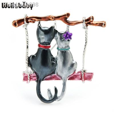 Wuli amp;baby Couple Cats Brooches For Women Enamel Cartoon Swinging Cat Animal Party Casul Brooch Pins