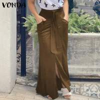 VONDA Long Skirts 2021 Women Party Long Skirt Faldas De Mujer Casual High Waist Front Slit Solid Skirts Oversized Bottoms