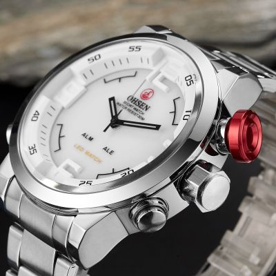 OHSEN นาฬิกาควอตซ์ดิจิทัลสำหรับผู้ชาย,นาฬิกานาฬิกาข้อมือโลหะนาฬิกา LED ทหารหน้าปัดใหญ่30เมตรกันน้ำได้