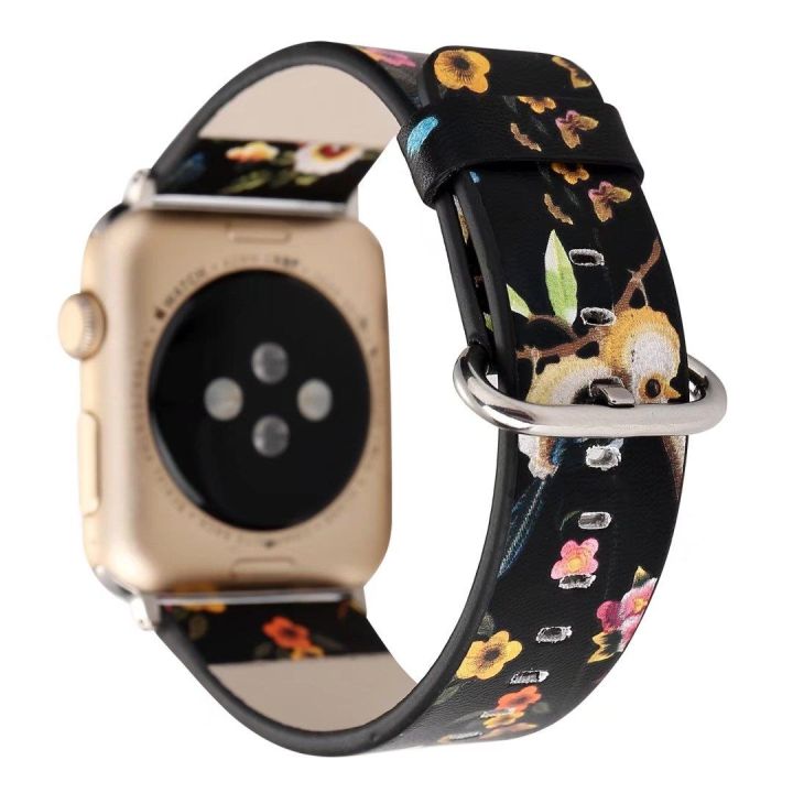 ดอกไม้นกภาพวาดจีนสายนาฬิกาหนังสำหรับ-apple-watch-series-5-4-3-2-1-สร้อยข้อมือสำหรับ-iwatch-band-42-44-มม-38-40-มม