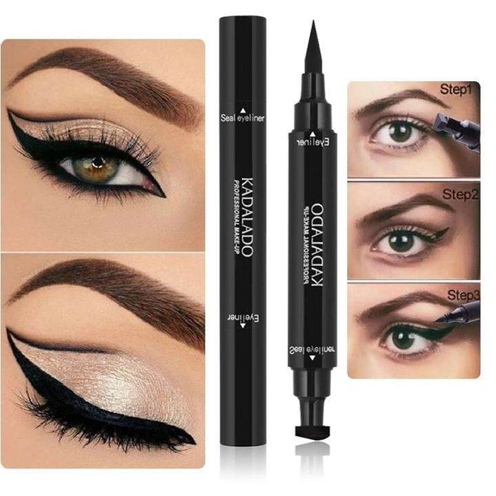 【kimou】1 Pcs Double Headed Seal Black Eyeliner Triangle Seal Eyeliner 2 In 1 Waterproof Eyes 