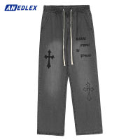 Hip Hop Mens Black Jeans Streetwear Cross Embroidery Punk Gothic Baggy Denim Pants 2022 Harajuku Fashion Casual Loose Trousers