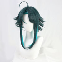 Anime Genshin Impact Xiao Cosplay Wig Mixed Dark Green Blue Short Heat Resistant Hair Halloween Role Play