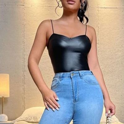 ⊙❈﹍ Women 39;s Corset Leather Bustier Crop Top V Neck Glitter Strappy Seamless Low cut Camis Camisole