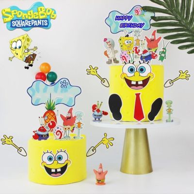 LIAND ของเล่นการ์ตูน SpongeBob ตกแต่งหน้าเค้กสปันจ์บ็อบ1ชุดอุปกรณ์กล่องใส่เค้กของเล่นตกแต่งเค้กปลอดสารพิษชุดตกแต่งเค้ก