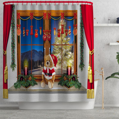 Christmas Tree Sock Decor Fireplace Polyester Waterproof Print Shower Curtain Bathroom Toilet Lid Non-Slip Bath Mat Carpet Set