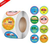 500 Pcs/Roll Child Reward Stickers Encourage Children Sealing Labels Round Cute Cartoon Bus Train Track Tank Pattern Stickers Stickers