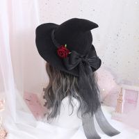 Lolita Witch Hat Rose Big Bow Halloween Gifts Fun Fancy Dress Party Light up Glitter Wide Brim Witches Head Ornament